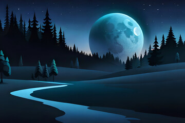 a serene night landscape, with a full moon shining in the sky and stars twinkling above