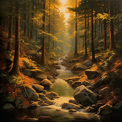 Beautiful stream flowing through a forest outcropping. ai