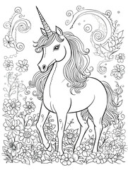 black and white coloring book page unicorn Generative AI