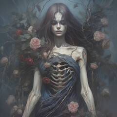 Opening style, a skeleton with long hair and flowers in her hands. ai
