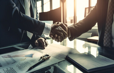 Fototapeta premium two businessmen in suits shaking hands behind an office table