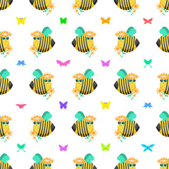 Seamless Pattern Abstract Elements Different Bee Insect Beetle With Flower Vector Design Style Background Illustration Texture For Prints Textiles, Clothing, Gift Wrap, Wallpaper, Pastel