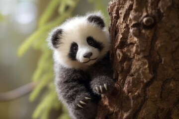 Fototapeta premium Adorable Baby Panda Climbing Tree