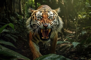 Fierce Tiger Roaring in the Jungle