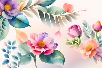 Floral bouquets flowers. Spring art print with botanical elements in folk style. Generative AI