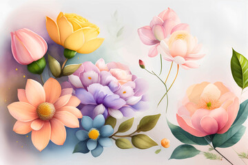 Fototapeta na wymiar Floral bouquets flowers. Spring art print with botanical elements in folk style. Generative AI