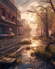 Fototapeta na wymiar Flooded streets, floating debris, broken trees: climate change aftermath chaos. (Generative AI)