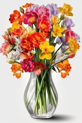 Colorful bouquet of spring flowers isolated on transparent background. (Generative AI)