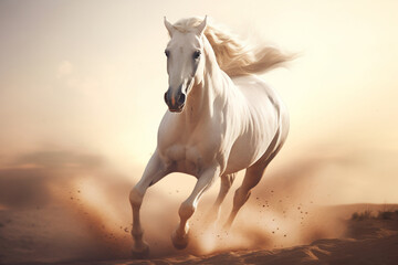 Obraz na płótnie Canvas White horse running on the sand on summer sunset, created with Generative AI technology