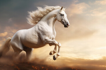 White horse running on the sand, created with Generative AI technology