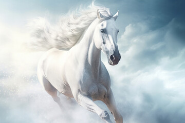 White horse running in fog clouds, created with Generative AI technology