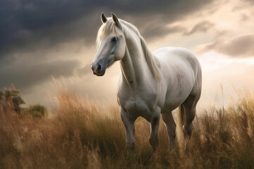 Obraz na płótnie Canvas White horse standing on a grass meadow on summer sunset, created with Generative AI technology