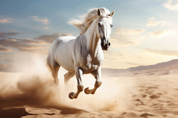 White horse running on the sand on summer sunset, created with Generative AI technology