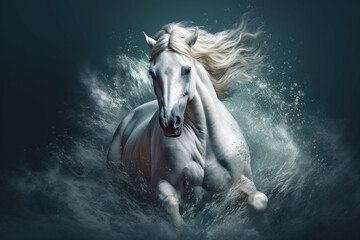 Strong white horse running in water waves, created with Generative AI technology