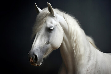 Obraz na płótnie Canvas White horse portret on black background, created with Generative AI technology