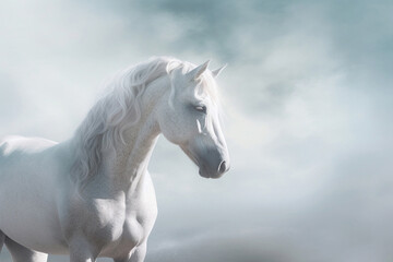 Obraz na płótnie Canvas White horse portret on fog background. Copy space. Created with Generative AI technology