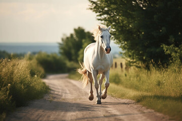 Obraz premium White horse running running along a sandy road on summer sunset background, created with Generative AI technology