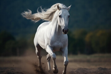 Fototapeta na wymiar White horse running running along a sandy road, created with Generative AI technology
