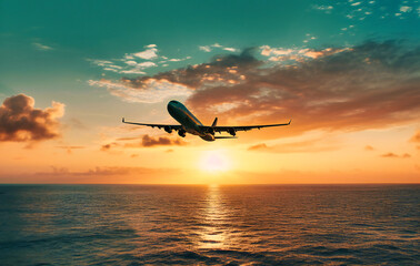 Fototapeta na wymiar an airplane flies over the ocean at sunset
