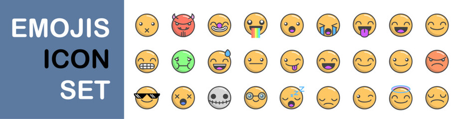36 Emojis Icon Set. smile angry sad cry happy and more emotions in faces.