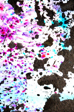 Black Ink Splatters and Spill on A Vibrant Rainbow Colour Watercolor Background Abstrct Paint