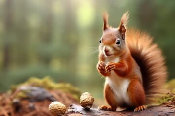 Obraz premium Cute Red Squirrel Eating Nut