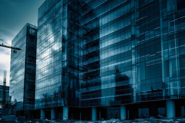 Obraz na płótnie Canvas blue glass office building is under construction