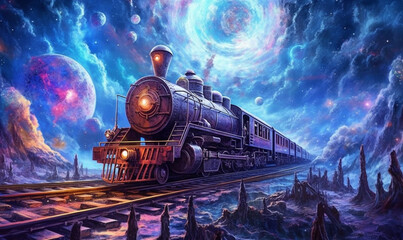 Fantasy-Lokomotive. Reise in eine magische Welt. generative KI - obrazy, fototapety, plakaty