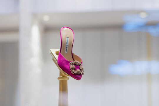 MOSCOW, RUSSIA - AUGUST 7, 2019: Manolo blahnik, boutique of fashionable shoes, showcase
