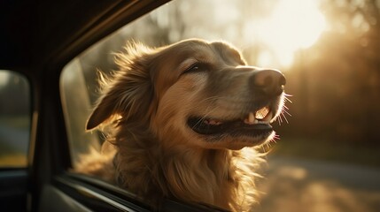 Dog sticking its head out of car window, Generative AI