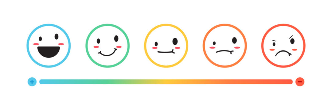 Set of emoji icons for evaluating satisfaction levels in rating surveys. These icons can be used on satisfaction meters and as feedback from respondents.