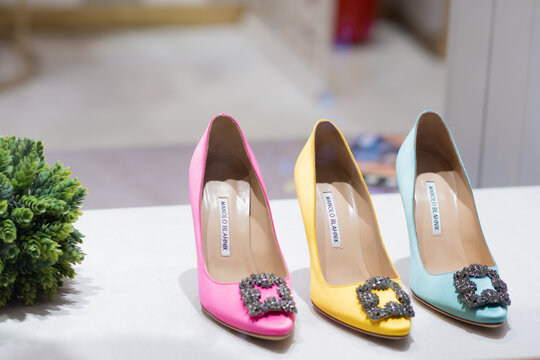 MOSCOW, RUSSIA - AUGUST 7, 2019: Manolo blahnik, boutique of fashionable shoes, showcase