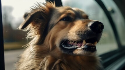 Dog sticking its head out of car window, Generative AI