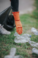 Male hand picking up plastic waste to clean up at the park.