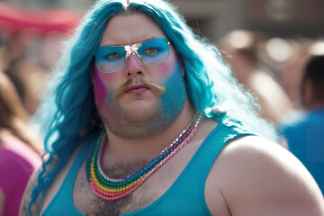 Caucasian trans man with overweight marches with an unwavering spirit, joins the diverse crowd at the LGBT protest, his presence a testament to the inclusive nature of the movement. Generative AI.
