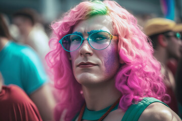 Caucasian trans man marches resolutely in the LGBT protest, his unwavering dedication and advocacy challenging societal norms and promoting acceptance for all. Generative AI.