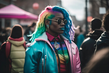 Afro-american activist, her hair transformed into a vibrant masterpiece, adds her voice to the chorus of change at the LGBT demonstration, reminding us that diversity is our strength. Generative AI.