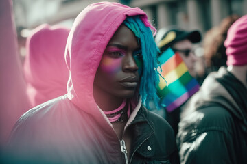 Afro-american bisexual woman with hair as vibrant as her spirit passionately advocates for equal rights at the LGBT protest. Generative AI.