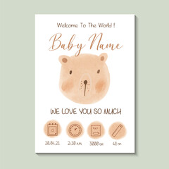 Baby birth poster. Vector illustration of teddy bear, height, weight and date of birth in soft coffee tones on white background. Illustration newborn metric for kids bedroom.