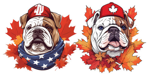 A joyful bulldog wearing a Canadian flag bandana in canada day.Illustration of T-shirt design graphic.	