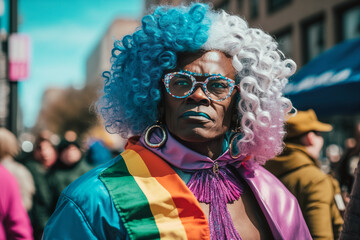 Empowered African American trans gentleman, his unwavering spirit shining through, marches with purpose in the LGBT protest, amplifying the voices of LGBTIQ+ communities. Generative AI.