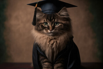 A portrait of a cat wearing a graduation cap and a ceremony robe. Created with Generative AI.