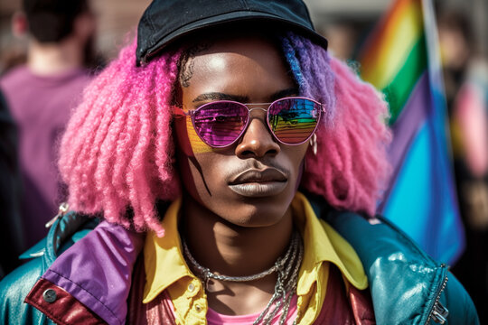 Marching with pride, an African American man, his presence radiating strength and unity, becomes a powerful symbol of intersectionality within the LGBTQ+ movement. Generative AI.
