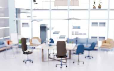 Fototapeta na wymiar Big open space office interior no people blurred background for background. 3D rendering illustration