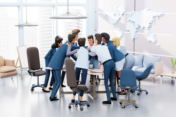 Team hand-stack, business people celebrating success and professional achievement. People working together in office, collaborating on a project. 3D rendering illustration