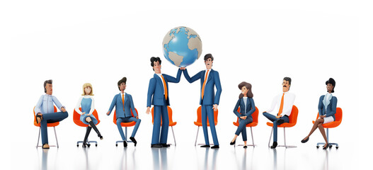 Successful business people holding up big globe. Business people sitting on chairs and talking. 3D rendering illustration