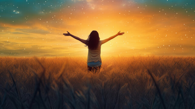 A woman standing in a wheat field with her arms raised in the air