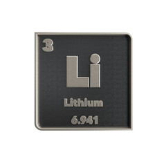 Lithium chemical element black and metal icon with atomic mass and atomic number. 3d render.