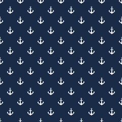 mini simple oceanic silhouette, white anchor on navy blue seamless pattern for background, wallpaper, texture, textile, banner, label, summer theme, flat vector design.