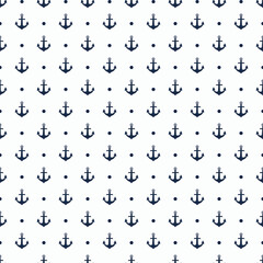 mini simple oceanic silhouette, navy blue anchor with dots on white seamless pattern for background, wallpaper, texture, textile, banner, label, summer theme, flat vector design.